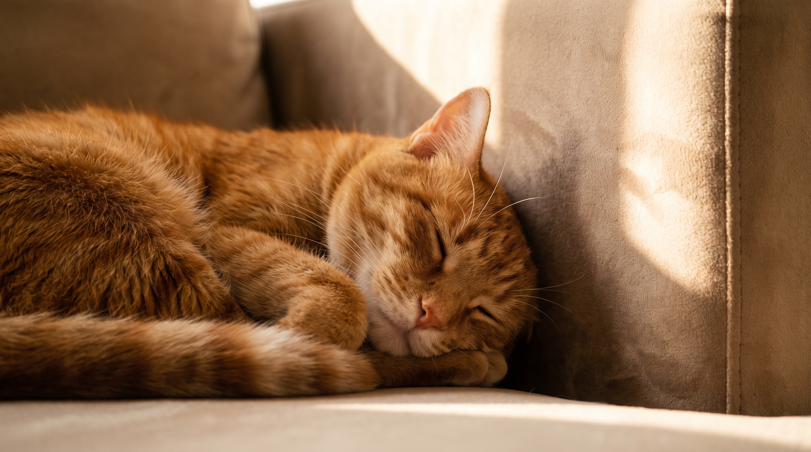 Cat resting calmly near sofa